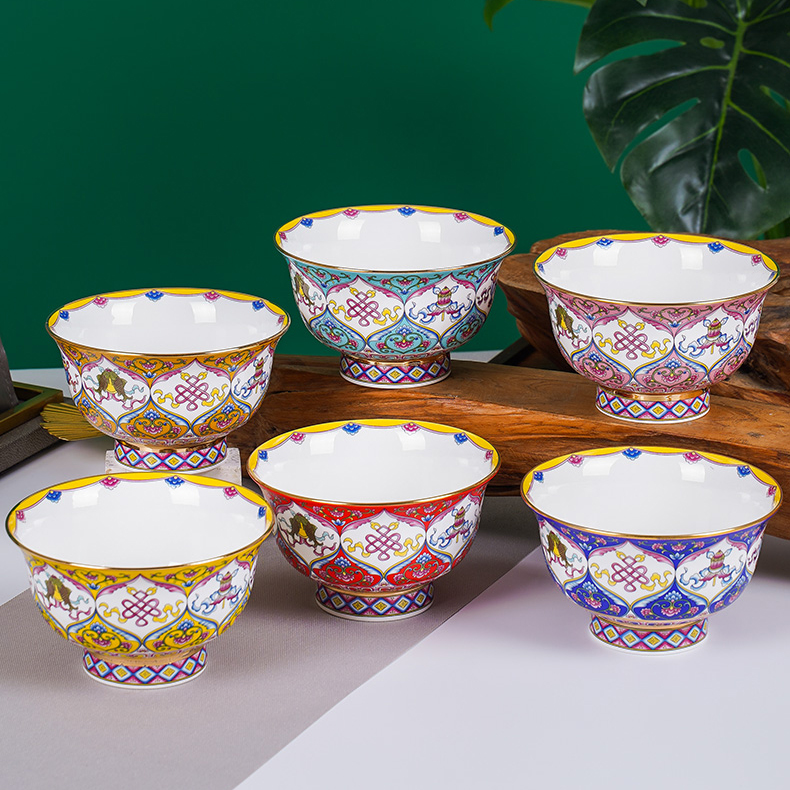 藏式吉祥陶瓷碗民族风酥油茶碗藏族八宝碗供碗单个珐琅彩吃饭碗